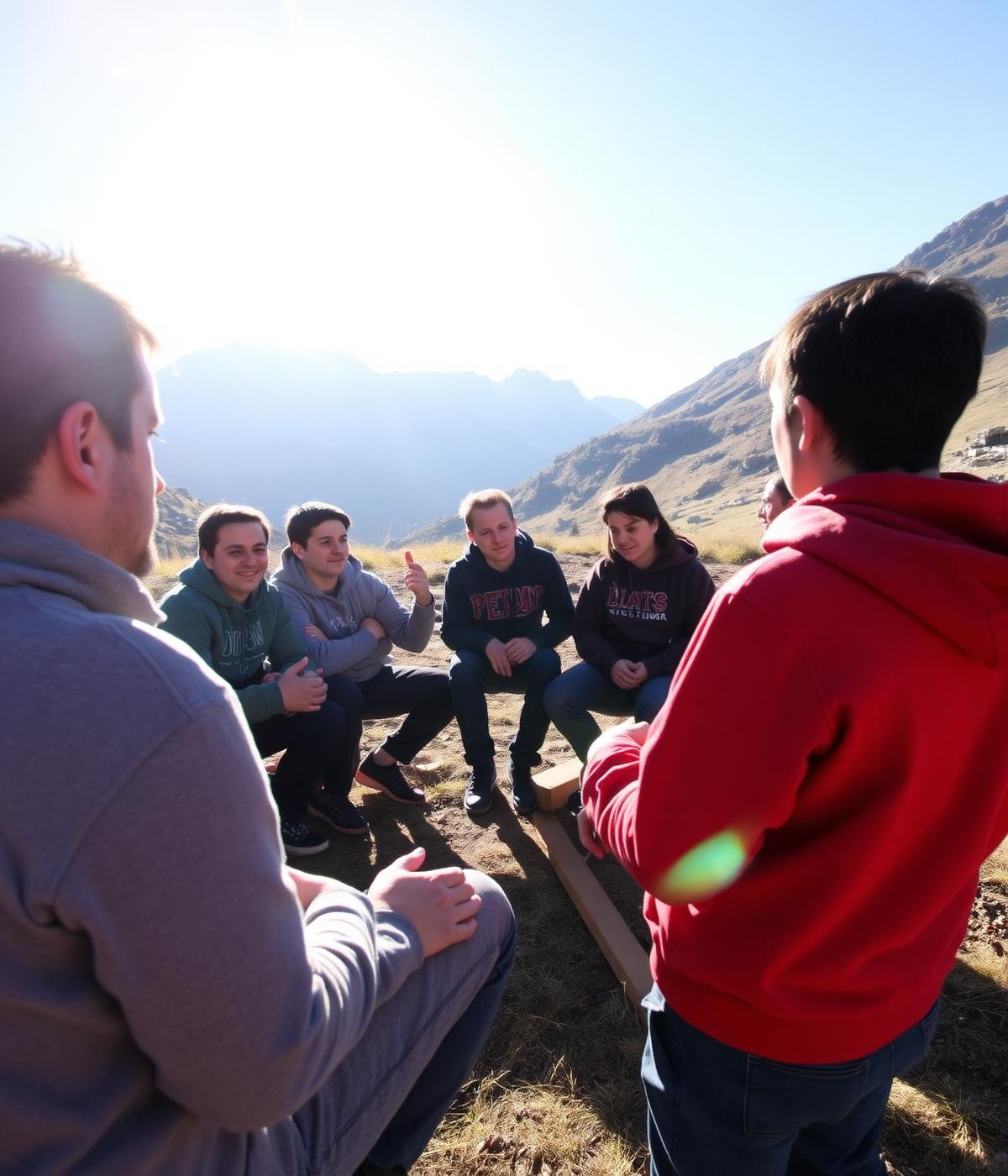 Young people sitting in a circle during an outdoor training in the Albanian mountains